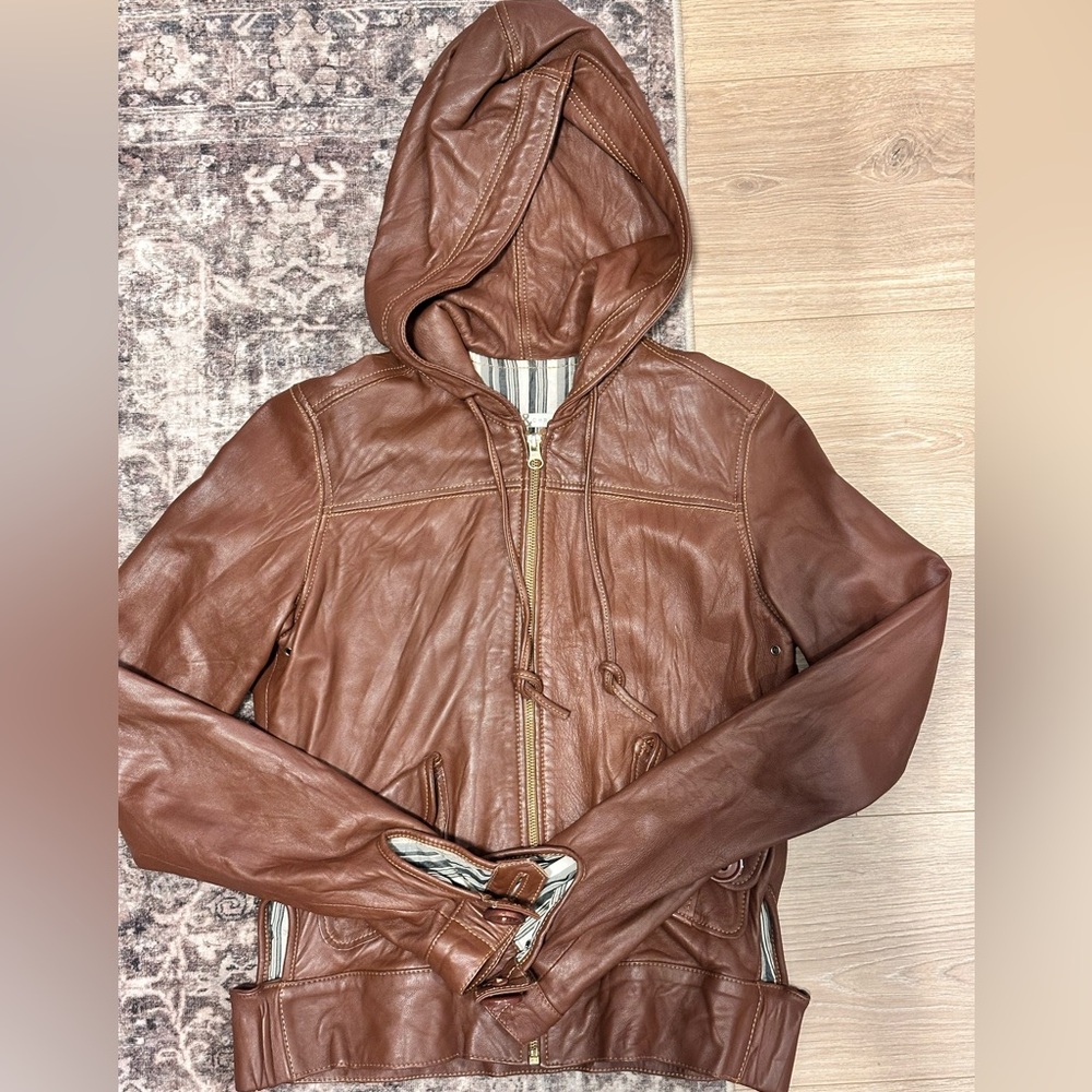Mike & Chris cognac Leather Hooded Jacket
